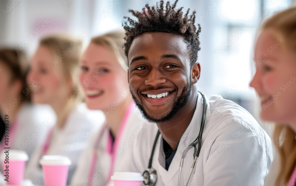 Happy Healthcare Team: A diverse group of doctors enjoys a coffee break, radiating positivity and collaboration. A bright future for medicine! Happy Healthcare Team: A diverse group of doctors enjoys a coffee break, radiating positivity and collaboration. A bright future for medicine!