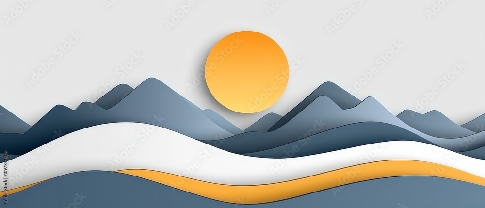 Minimalist abstract mountain range in soft blue and gray with a glowing golden sun, blending smooth gradients and clean lines for a serene, modern landscape Minimalist abstract mountain range in soft blue and gray with a glowing golden sun, blending smooth gradients and clean lines for a serene, modern landscape