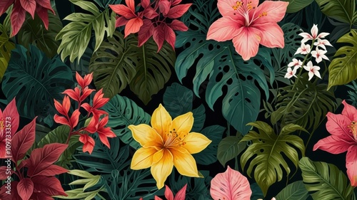 a seamless botanical pattern featuring lush green leaves, tropical flowers, and delicate vines. Use a vibrant yet natural color scheme, incorporating shades of green, pink, and yellow.