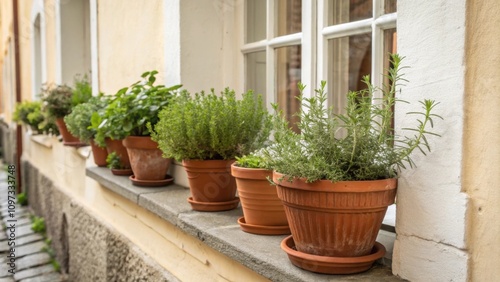 Terracotta containers filled with fragrant rosemary and thyme line the windowsill creating a delightful contrast against the creamy wall.