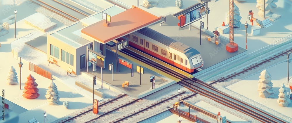 A stylized train station scene with a train, passengers, and winter landscape.