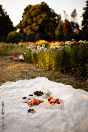 Summer picnic on a white sheet. Two cups of coffee, strawberries, blueberries, nuts, peaches in a wicker bag, candle and photo camera. Morning sunrise light