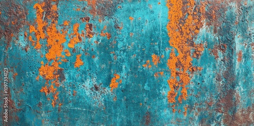 Abstract textured background with turquoise and orange hues, featuring rustic and weathered patterns that evoke a sense of depth and character. photo