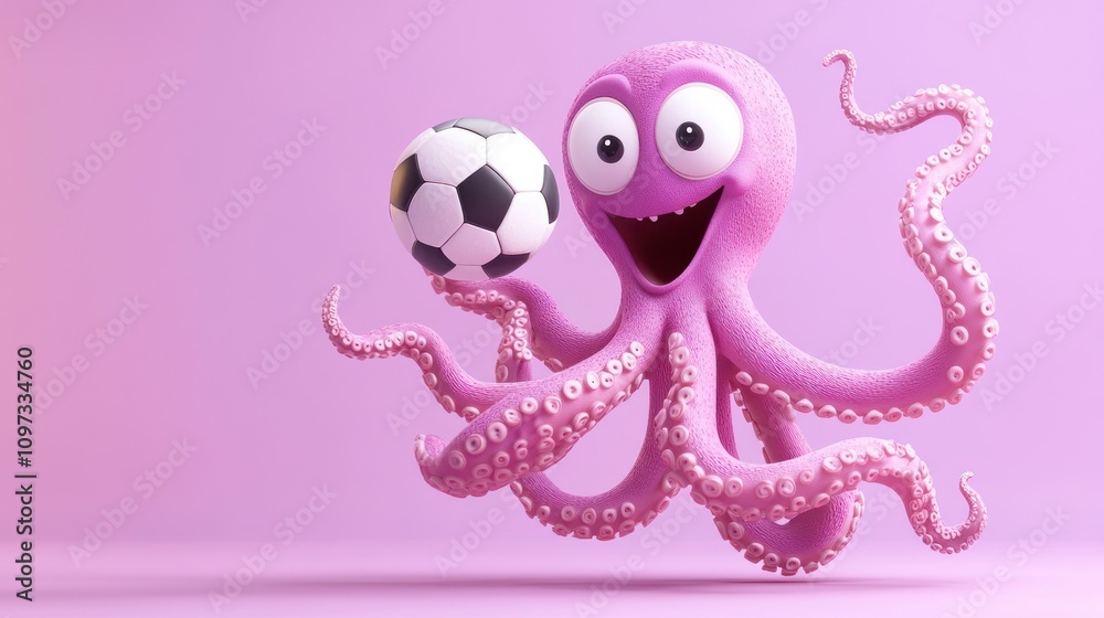 A cheerful pink octopus holds a soccer ball, showcasing a playful sports theme. A cheerful pink octopus holds a soccer ball, showcasing a playful sports theme.