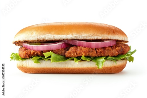 A sandwich featuring a crispy chicken patty, lettuce, and red onions in a soft bun.