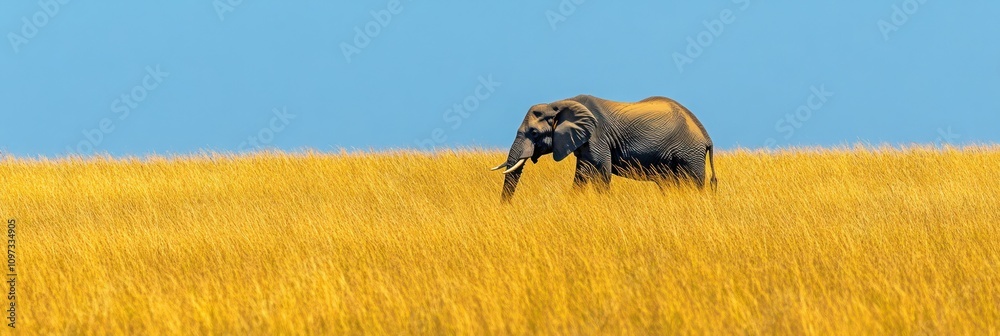 An elephant walking through tall golden grass under a clear blue sky. An elephant walking through tall golden grass under a clear blue sky.