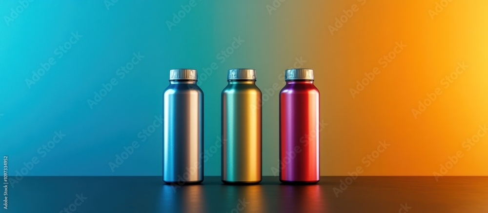 A compact energy drink bottle, metallic finish, high-tech design, vibrant color A compact energy drink bottle, metallic finish, high-tech design, vibrant color