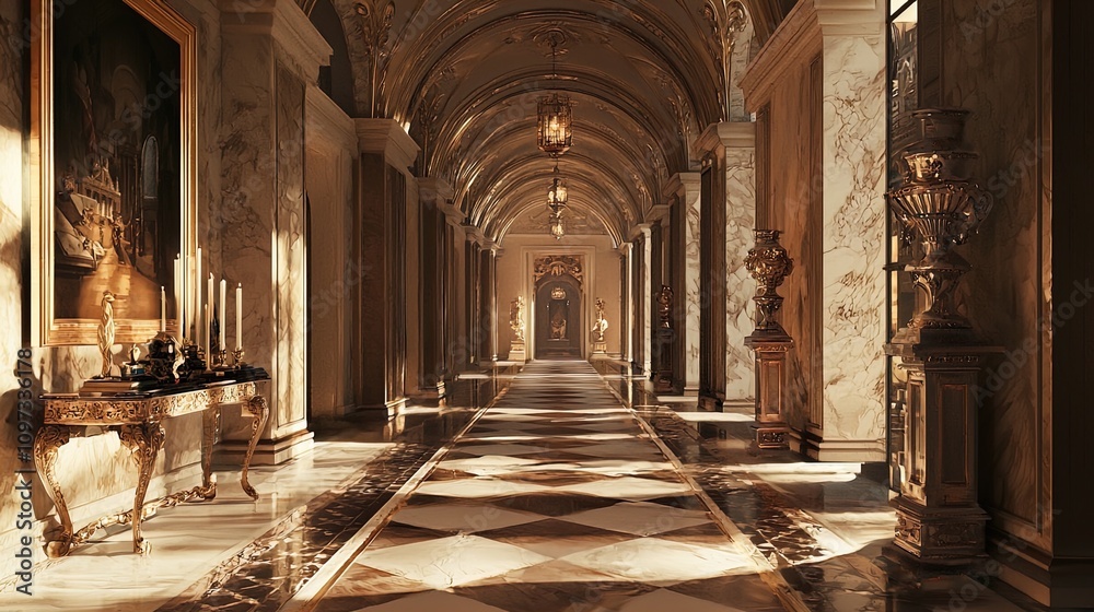 Fototapeta premium The image showcases a luxurious and grand interior corridor, characterized by opulent architectural elements. The hallway is elegantly designed with high, arching ceilings adorned with detailed moldin