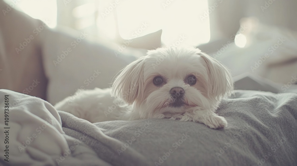 A small, fluffy dog resting on a soft surface with a serene expression. A small, fluffy dog resting on a soft surface with a serene expression.