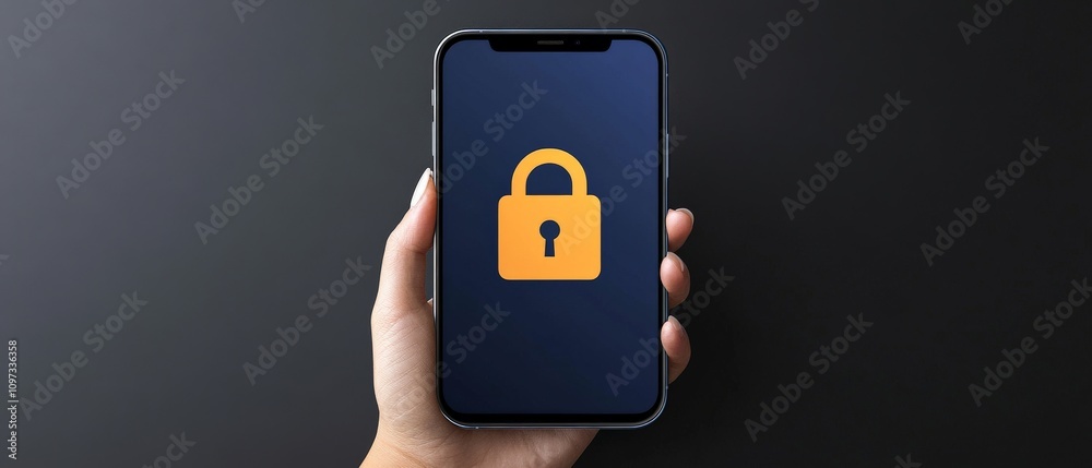 Smartphone with a prominent yellow lock icon on the screen, held in one hand against a black background, emphasizing minimalism and mobile data security Smartphone with a prominent yellow lock icon on the screen, held in one hand against a black background, emphasizing minimalism and mobile data security