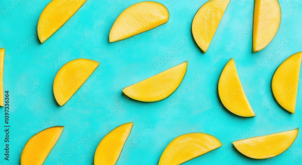 Bright yellow mango slices arranged on a vibrant blue background. Bright yellow mango slices arranged on a vibrant blue background.