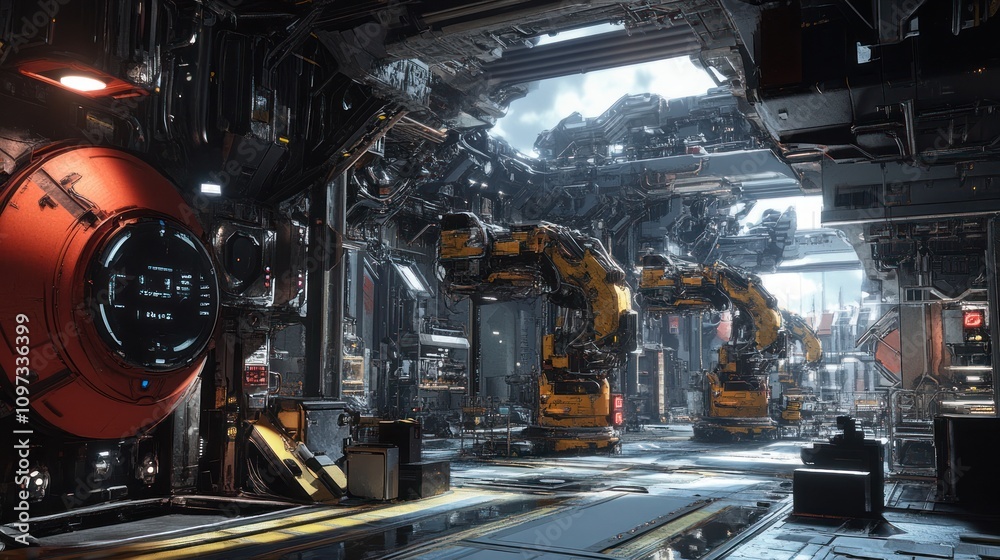 Robotics manufacturing facility, large mechanical arms assembling machines, high-tech interior Robotics manufacturing facility, large mechanical arms assembling machines, high-tech interior