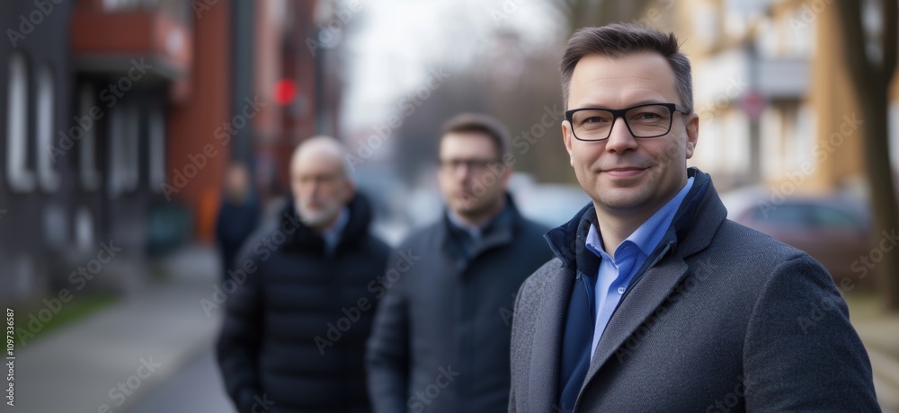 Group of men walking on city street, professional attire, urban setting, blurred background, focus on smiling man, casual atmosphere Group of men walking on city street, professional attire, urban setting, blurred background, focus on smiling man, casual atmosphere
