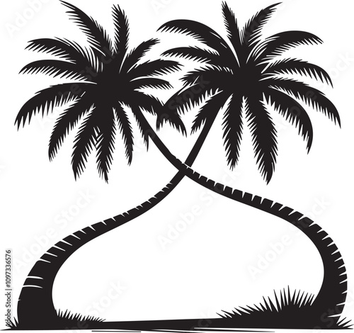 Two palm trees leaning towards each other their fronds intertwining vector silhouette