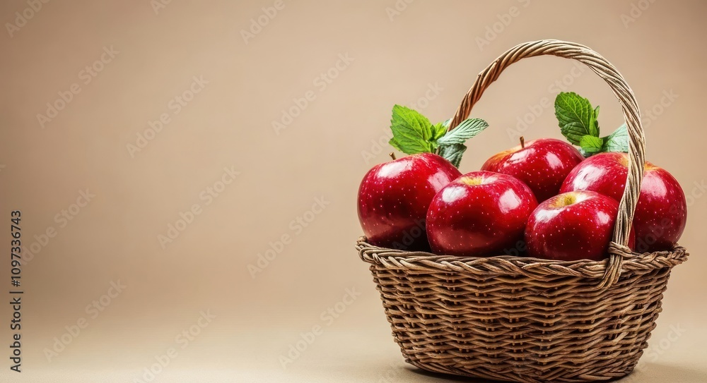 A basket filled with fresh red apples, accented with green leaves, on a neutral background. A basket filled with fresh red apples, accented with green leaves, on a neutral background.