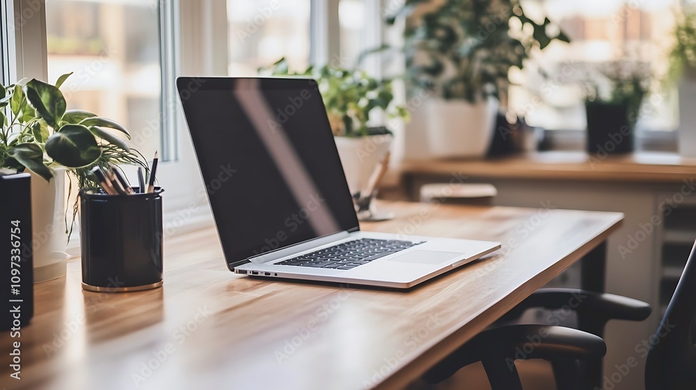 Laptop rests on wooden desk near window and plants