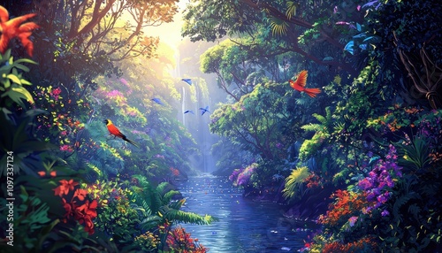 A vibrant jungle scene featuring lush greenery, colorful flowers, and fluttering butterflies beside a tranquil stream illuminated by sunlight.