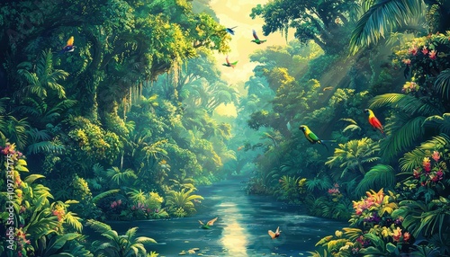 A vibrant jungle scene featuring lush greenery, colorful birds, and a serene river, capturing the beauty of nature.