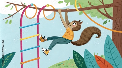A climber hangs from colorful bars twisting and turning to replicate the playful antics of a nimble squirrel a branches.