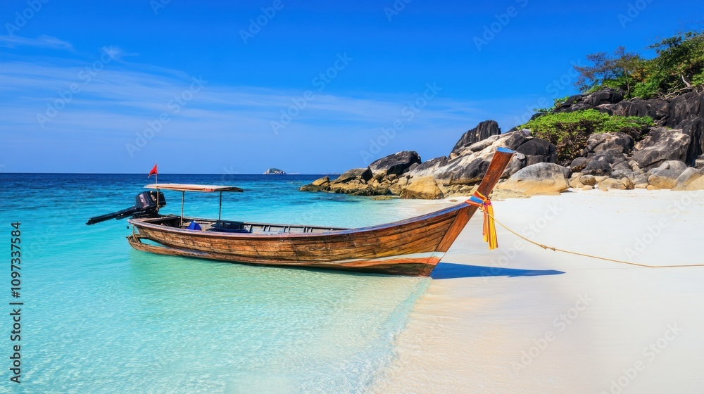 Scenic beach with a traditional boat on clear water. Scenic beach with a traditional boat on clear water.