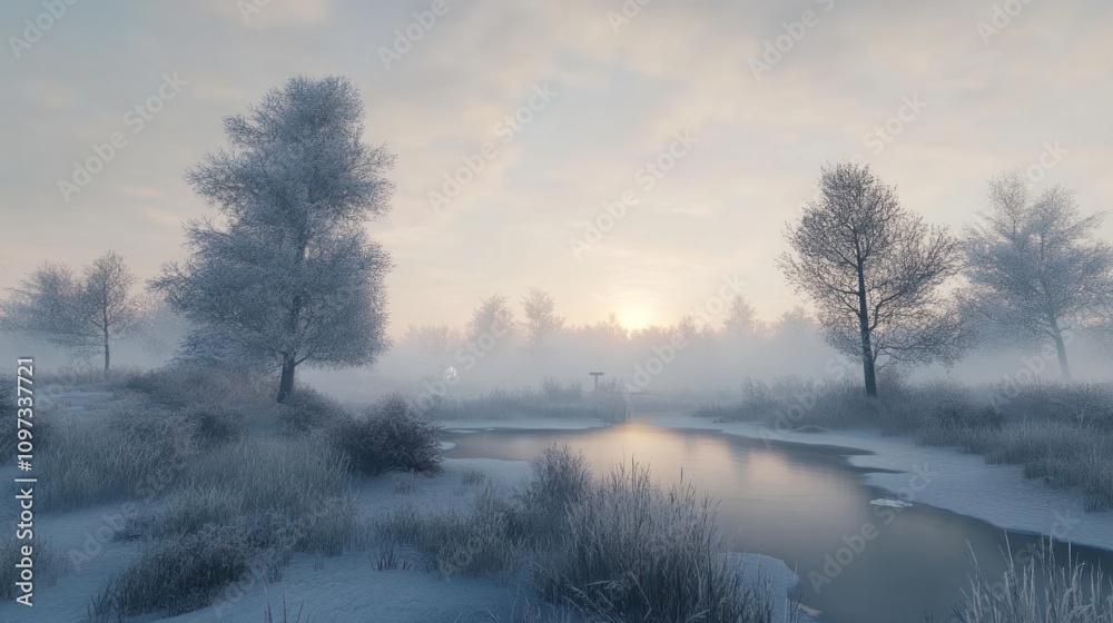 Winter Sunrise Over Frosty River And Trees Winter Sunrise Over Frosty River And Trees