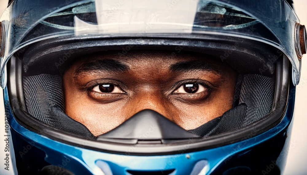 A close up view of the eyes of a racer or biker thru the helmet visor; eyes of a person inside a motorcycle racing safety helmet; the eyes of the focused driver or racer; motorsports and adrenaline A close up view of the eyes of a racer or biker thru the helmet visor; eyes of a person inside a motorcycle racing safety helmet; the eyes of the focused driver or racer; motorsports and adrenaline