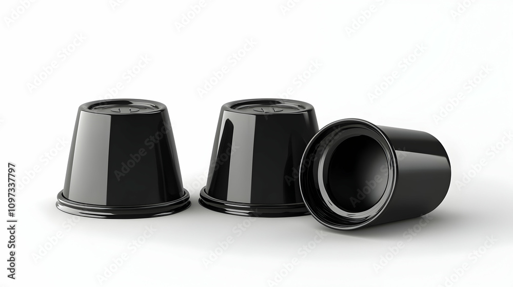 Three black plastic cups, one slightly tilted, on a white background. Three black plastic cups, one slightly tilted, on a white background.