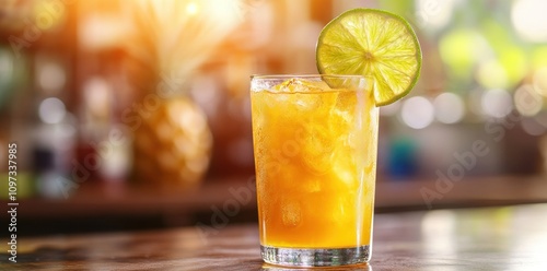 A refreshing cocktail served in a glass with ice and a lime garnish.