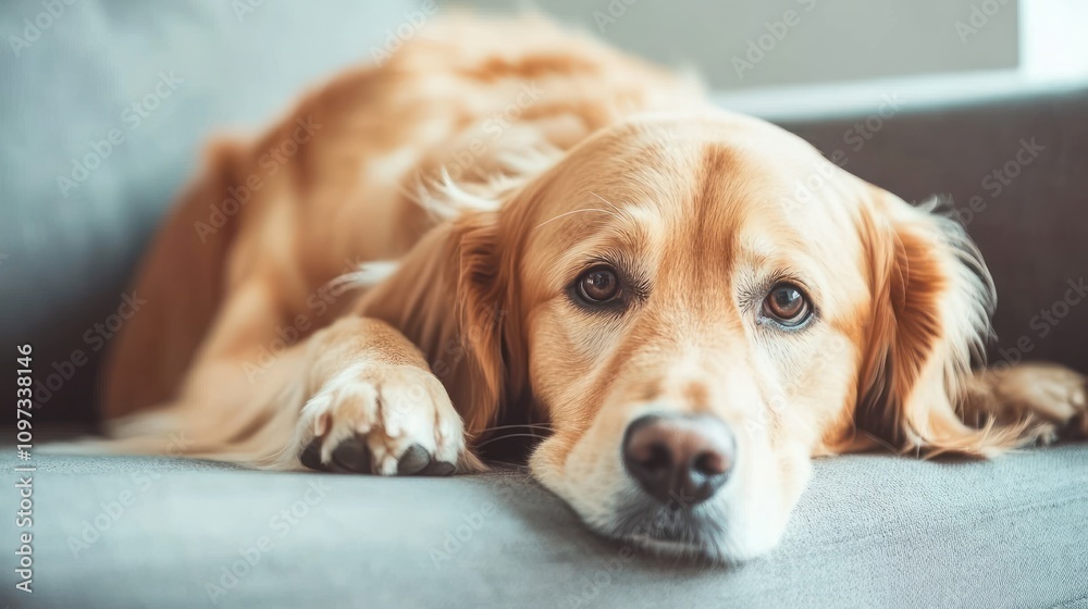 A golden retriever resting on a couch, looking relaxed and contemplative.