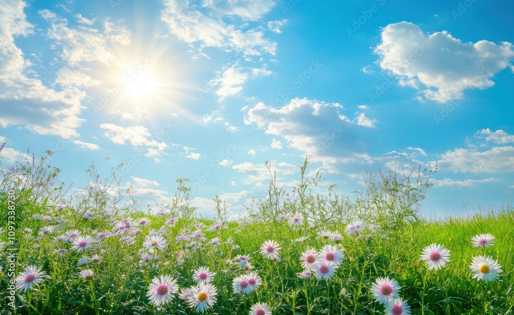 A vibrant field of flowers under a bright blue sky with fluffy clouds and sunlight. A vibrant field of flowers under a bright blue sky with fluffy clouds and sunlight.