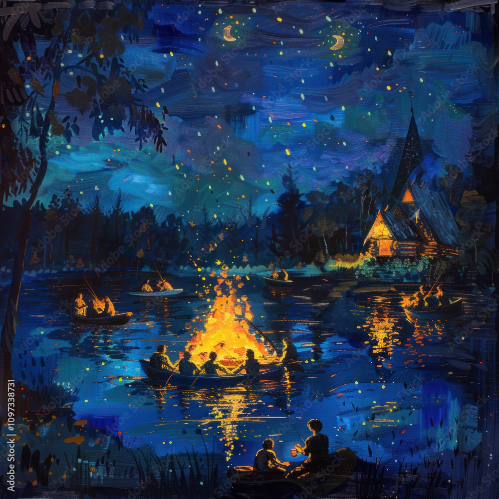 summer evening on the lake shore, where a group of people enjoy the warm night atmosphere. summer evening on the lake shore, where a group of people enjoy the warm night atmosphere.
