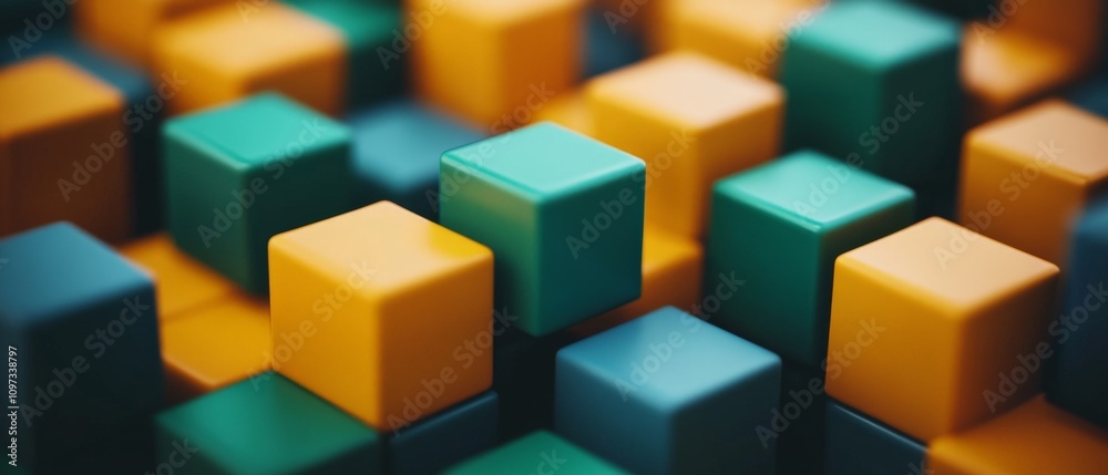 Close up of multicolored cubes in vibrant shades of yellow, green, blue, and orange, arranged in an abstract, playful composition Close up of multicolored cubes in vibrant shades of yellow, green, blue, and orange, arranged in an abstract, playful composition
