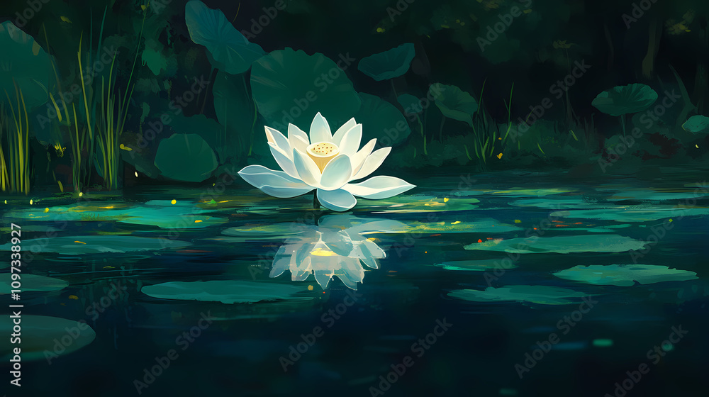 Fototapeta premium A serene white lotus blooms on a tranquil water surface. Illuminated Lotus Bloom. Illustration