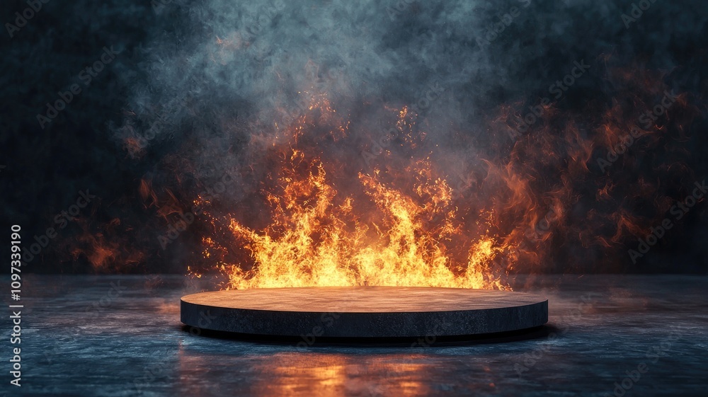 Concrete Platform with Fiery Flames and Smoke Concrete Platform with Fiery Flames and Smoke