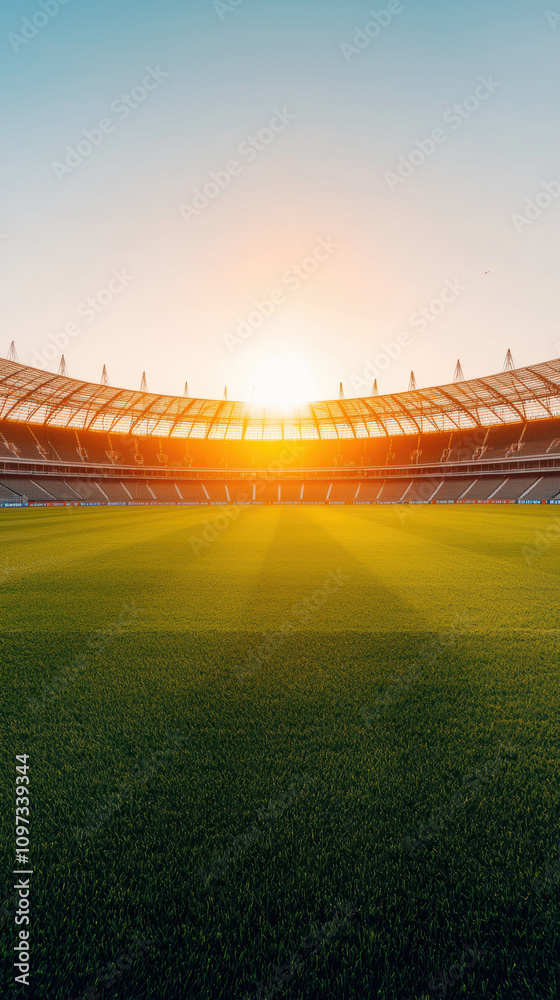 Renewable Energy Market Trends Concept. Stadium at sunset with vibrant sky and green grass field.