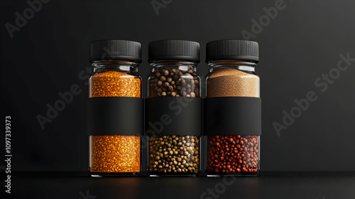 Fototapeta Naklejka Na Ścianę i Meble -  Three glass spice jars with black lids and labels on dark background.