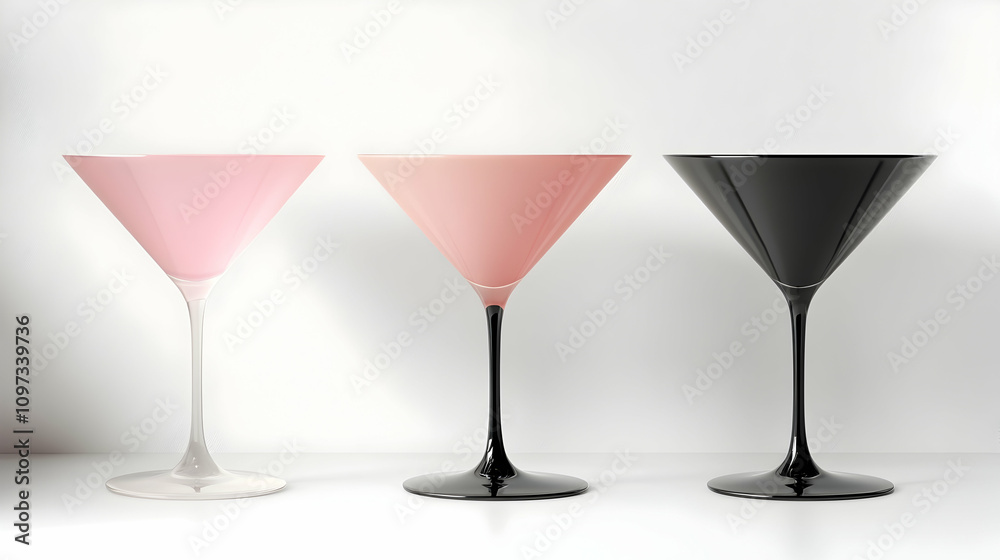 Three martini glasses with pink, light pink, and black drinks on white background. Three martini glasses with pink, light pink, and black drinks on white background.