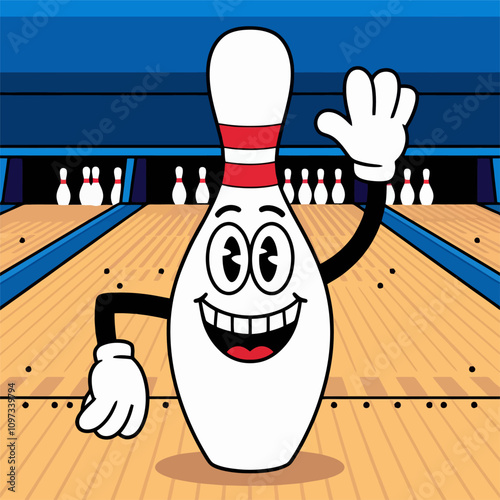 Smiling bowling pin character waving on a bowling lane.