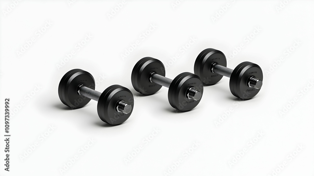 Three pairs of black dumbbells on white background. Three pairs of black dumbbells on white background.