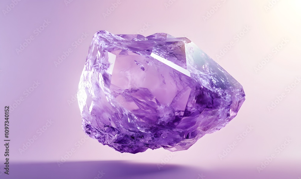 Floating purple crystal gemstone on lilac background.