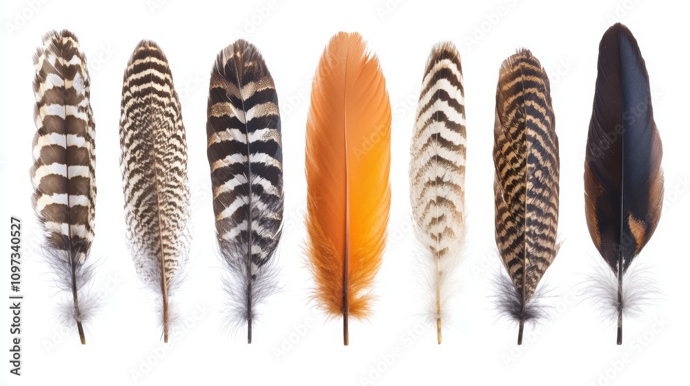 Colorful feathers in various patterns, showcasing nature beauty Colorful feathers in various patterns, showcasing nature beauty