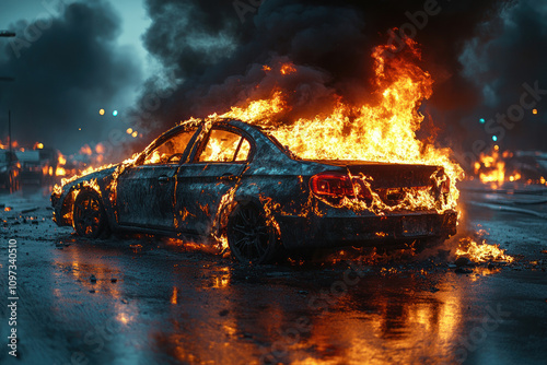 captures a scene of riots or pogroms. In the center of the frame is a car engulfed in flames, which brightly illuminate the surrounding area.  photo