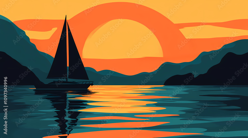 Fototapeta premium Silhouette of a sailboat on tranquil waters with a radiant orange sunset, sailboat, silhouette, tranquil, waters, sunset. Radiant Sunset Waters. Illustration