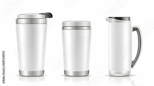 Three white travel mugs with metallic accents isolated on white background.
