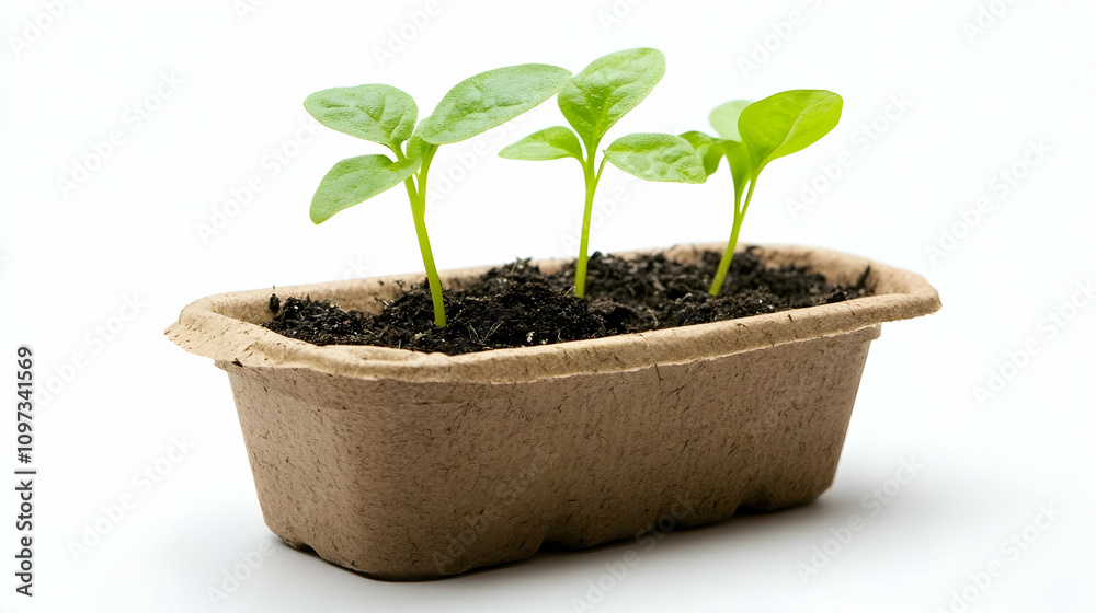 Three young seedlings sprouting from rich soil in a biodegradable planter. Three young seedlings sprouting from rich soil in a biodegradable planter.