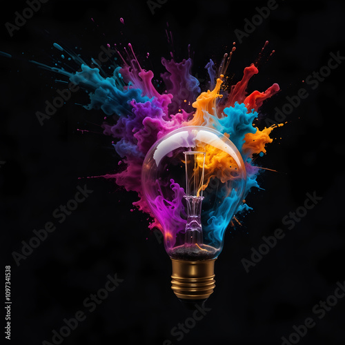 Colorful paint splashes inside a lightbulb against a dark background, symbolizing creativity and innovation. Ideal for artistic and imaginative themes. Generative AI photo