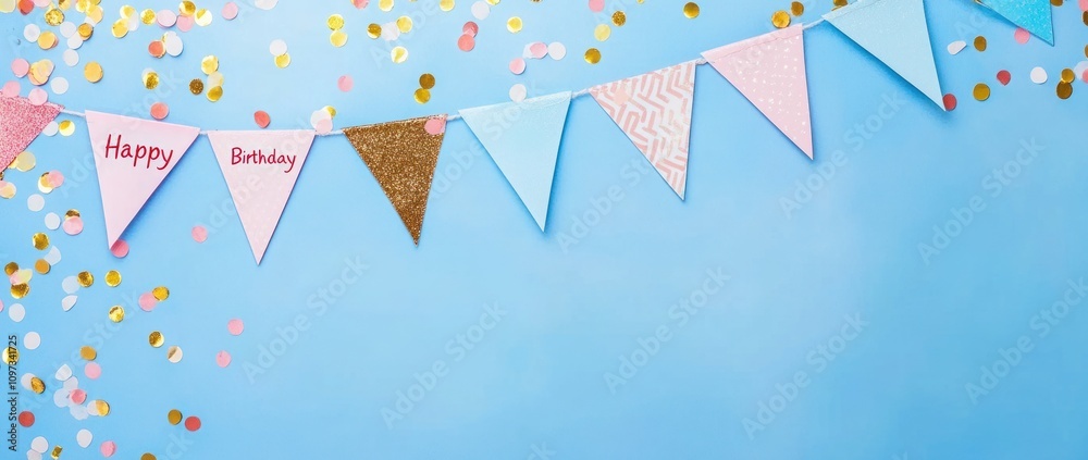 A festive birthday banner with colorful confetti on a blue background. A festive birthday banner with colorful confetti on a blue background.