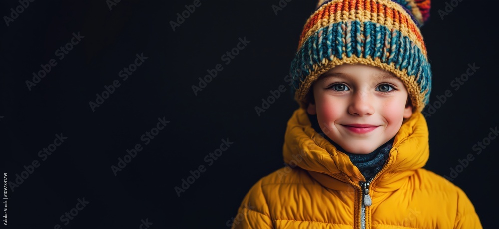 Smiling boy in colorful winter hat and yellow jacket, bright eyes, warm expression, dark background Smiling boy in colorful winter hat and yellow jacket, bright eyes, warm expression, dark background