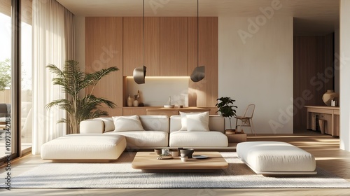 Modern interior japandi style design livingroom. Lighting and sunny scandinavian apartment with plaster and wood