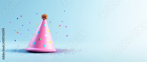 A pink party hat surrounded by colorful confetti on a light blue background.